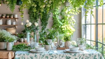 AI generated A dining area transformed into a botanical haven with potted plants, hanging greenery photo