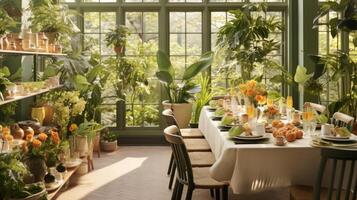 AI generated A dining area transformed into a botanical haven with potted plants, hanging greenery photo