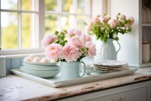 AI generated A farmhouse kitchen decorated with rustic elements, pastel crockery, photo