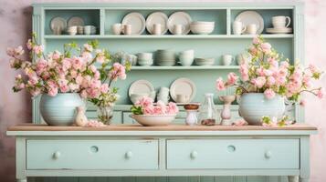 AI generated A farmhouse kitchen decorated with rustic elements, pastel crockery, photo