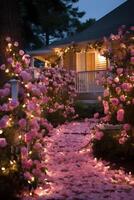 AI generated Rose-petal path, twinkling lights, and sentimental love notes photo