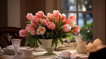 AI generated Tulips and Egg-filled Nest Adorn Elegant Dining Setting photo