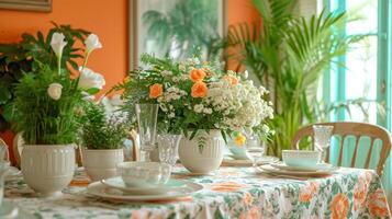 AI generated A dining area transformed into a botanical haven with potted plants, hanging greenery photo