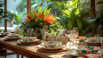 AI generated A dining area transformed into a botanical haven with potted plants, hanging greenery photo