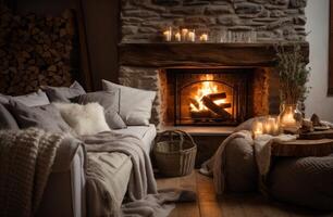 AI generated cozy fireside of a living room with a wool blanket and candles for a warm and cozy winter setting photo