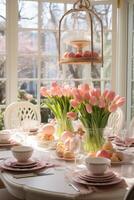 AI generated Tulips and Egg-filled Nest Adorn Elegant Dining Setting photo