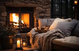 AI generated cozy fireside of a living room with a wool blanket and candles for a warm and cozy winter setting photo