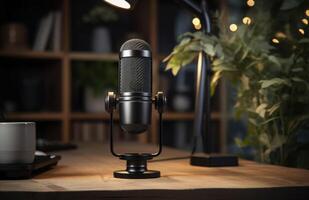 AI generated a microphone sits on a desk in a home office photo