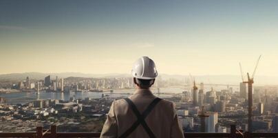 AI generated a man in a hard hat overlooking a building city photo