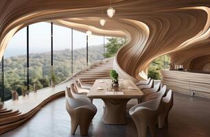 AI generated a wooden dining room with curved edges photo