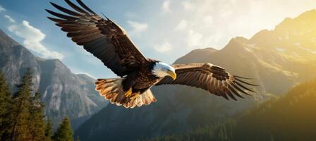 ai generado americano calvo águila volador con un bandera en el antecedentes foto