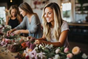 AI generated A hands-on home decor scene where individuals are engaged in creating their own floral wreaths photo