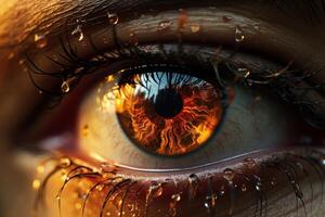 AI generated fire dripping down the eye of a person, uhd image, science fiction influences photo