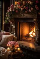 AI generated Fireplace adorned with roses, candles, and cozy throws photo