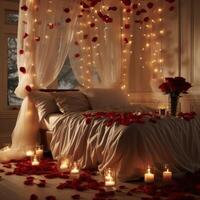 AI generated Red Satin Sheets, Rose Petals, and Twinkling String Lights. photo