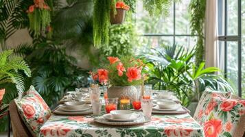 AI generated A dining area transformed into a botanical haven with potted plants, hanging greenery photo