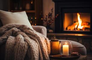 AI generated cozy fireside of a living room with a wool blanket and candles for a warm and cozy winter setting photo