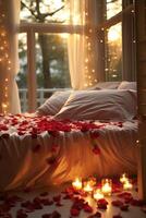 AI generated Red Satin Sheets, Rose Petals, and Twinkling String Lights. photo