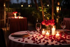 ai generado Rosa pétalos, en forma de corazon platos, y parpadeando luz de una vela foto