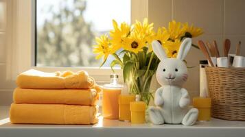 AI generated Easter-themed Towels, Bunny Figurines, and Potted Daffodils photo