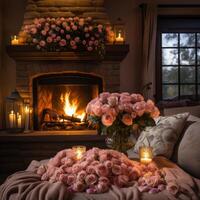 AI generated Fireplace adorned with roses, candles, and cozy throws photo