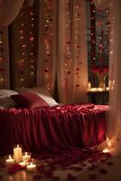 AI generated Red Satin Sheets, Rose Petals, and Twinkling String Lights. photo