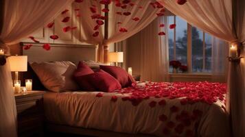 AI generated Red Satin Sheets, Rose Petals, and Twinkling String Lights. photo