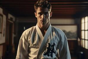 AI generated karate instructor training video of a young man training in martial art photo