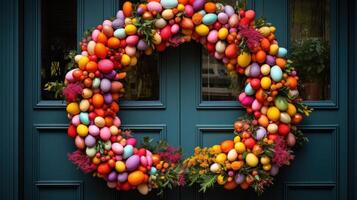 AI generated Wreath of Vibrant Eggs Welcomes Guests at Door photo