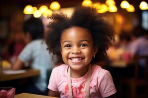 AI generated little girl smiling at a restaurant for her birthday party photo