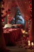 AI generated Red Satin Sheets, Rose Petals, and Twinkling String Lights. photo