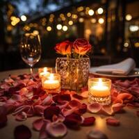 ai generado Rosa pétalos, en forma de corazon platos, y parpadeando luz de una vela foto