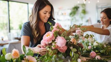 AI generated A hands-on home decor scene where individuals are engaged in creating their own floral wreaths photo