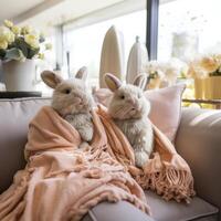 AI generated Plush Bunny Pillows and Spring-themed Throws Adorn Sofa photo