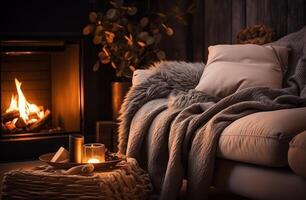 AI generated cozy fireside of a living room with a wool blanket and candles for a warm and cozy winter setting photo