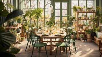 AI generated A dining area transformed into a botanical haven with potted plants, hanging greenery photo