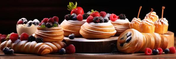 AI generated different pastry with berries on table photo