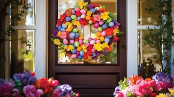 AI generated Wreath of Vibrant Eggs Welcomes Guests at Door photo