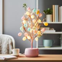 AI generated Minimalist Easter Egg Tree Illuminated by Soft Pastel String Lights photo