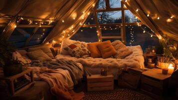 AI generated Cozy blanket fort, fairy lights, and shared laughter photo