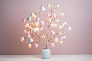 ai generado minimalista Pascua de Resurrección huevo árbol iluminado por suave pastel cuerda luces foto