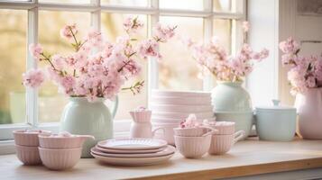 AI generated A farmhouse kitchen decorated with rustic elements, pastel crockery, photo