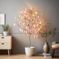 AI generated Minimalist Easter Egg Tree Illuminated by Soft Pastel String Lights photo