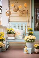 AI generated Quaint Country Porch Decorated with Hand-Painted Wooden Easter Signs photo