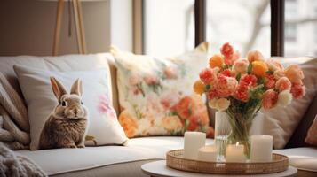 AI generated Plush Bunny Pillows and Spring-themed Throws Adorn Sofa photo