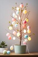 AI generated Minimalist Easter Egg Tree Illuminated by Soft Pastel String Lights photo