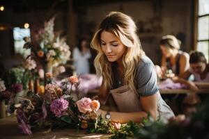 ai generado un las manos en hogar decoración escena dónde individuos son comprometido en creando su propio floral coronas foto