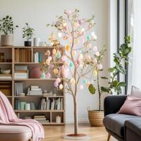 AI generated Minimalist Easter Egg Tree Illuminated by Soft Pastel String Lights photo