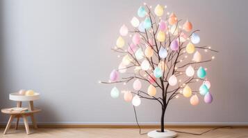 ai generado minimalista Pascua de Resurrección huevo árbol iluminado por suave pastel cuerda luces foto