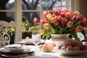 AI generated Tulips and Egg-filled Nest Adorn Elegant Dining Setting photo
